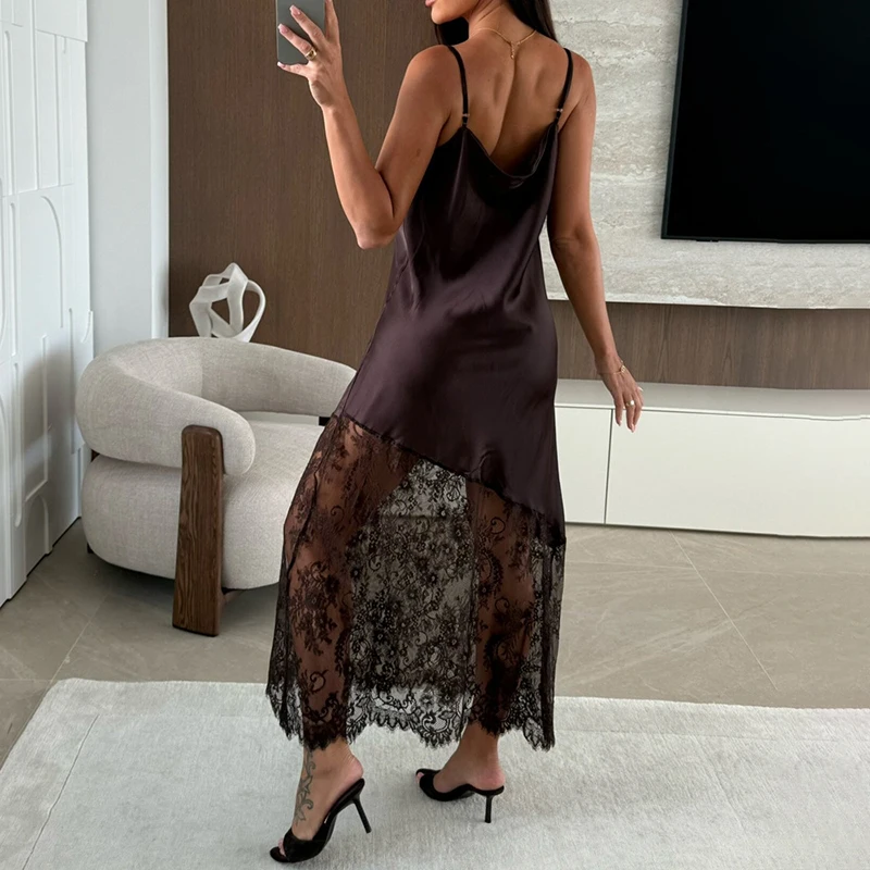 Tornova Sexy dentelle fronde longue robe pour les femmes col en V mode épissure robe de soirée 2025 nouveau Ins chaud femme robes élégantes