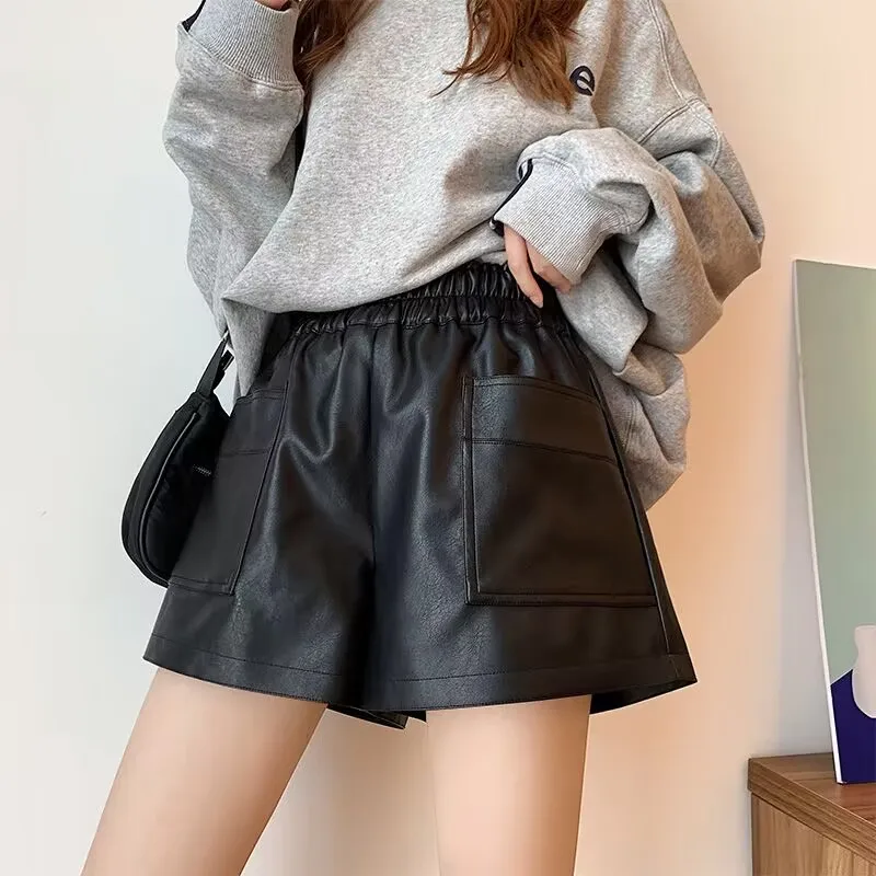 High Waist Lace-Up Shorts Flower Bud Wide Leg PU Leather Shorts Autumn Winter Korean Loose High Street Black Sexy Women Shorts