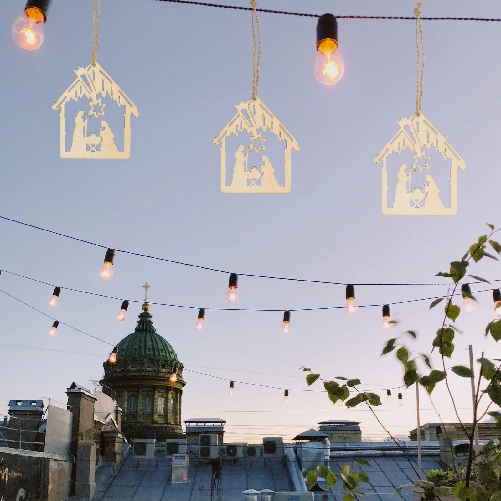 

20Pcs Jesus Birth Wooden Craft Hemp Rope Pendant Khaki Home Decor Religious Festival Ornament The Birth of Jesus Pattern Pendant