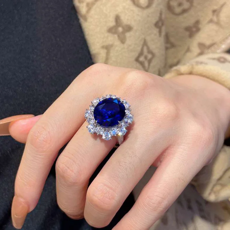 

Spinel Blue Corundum Fluorescent Light Color-Changing Open Ring Women's Elegant Pendant Earrings Three-Piece Set