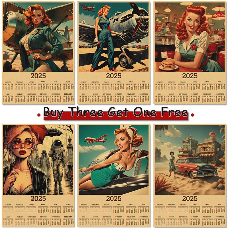 Vintage 2025 Calendar Sexy Girl Poster, Retro Kraft Print, Home Decor Aesthetic,Wall Art Paintings, Bar Room Decoration Mural