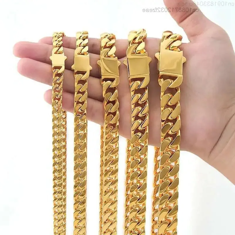 

New Arrival Stainless Steel Four Sided Polished Gold Plated Miami Hip Hop Cuban Chain Necklace