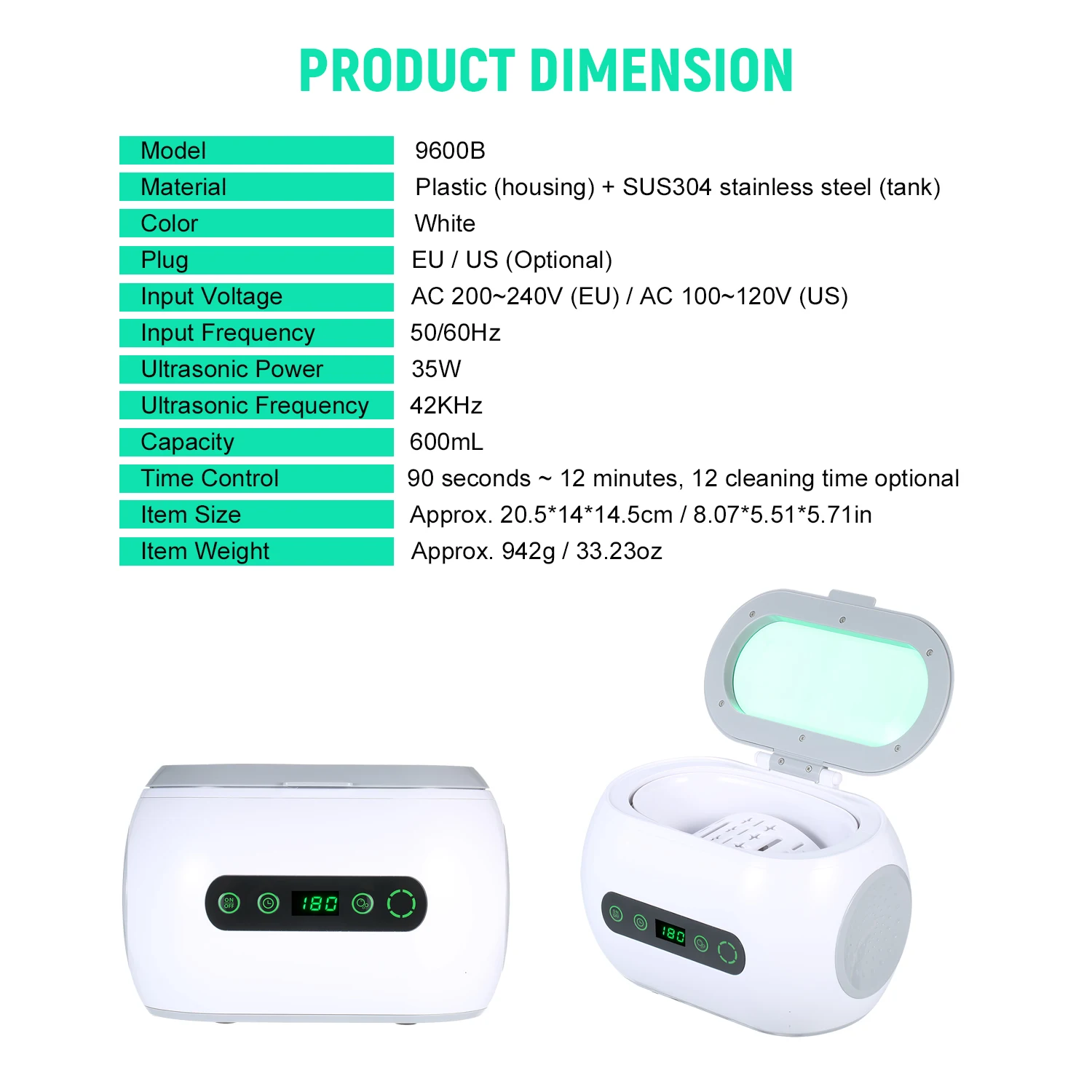 600mL Digital Ultrasonic Cleaner with Degassing Function Home Glasses Cleaning Machine with Stainless Tank Jewelry Clean Tool