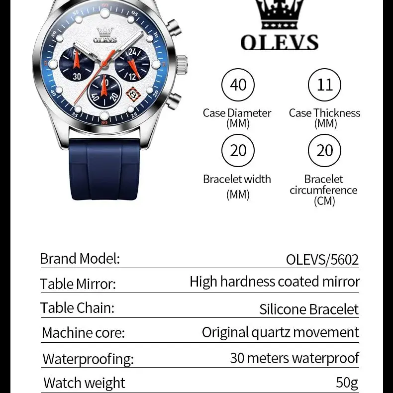 Olevs 5602 Rubberen Band Heren Horloges Multifunctionele Chronograaf Datum Waterdichte Lichtgevende Mode Sport Heren Polshorloge Quartz