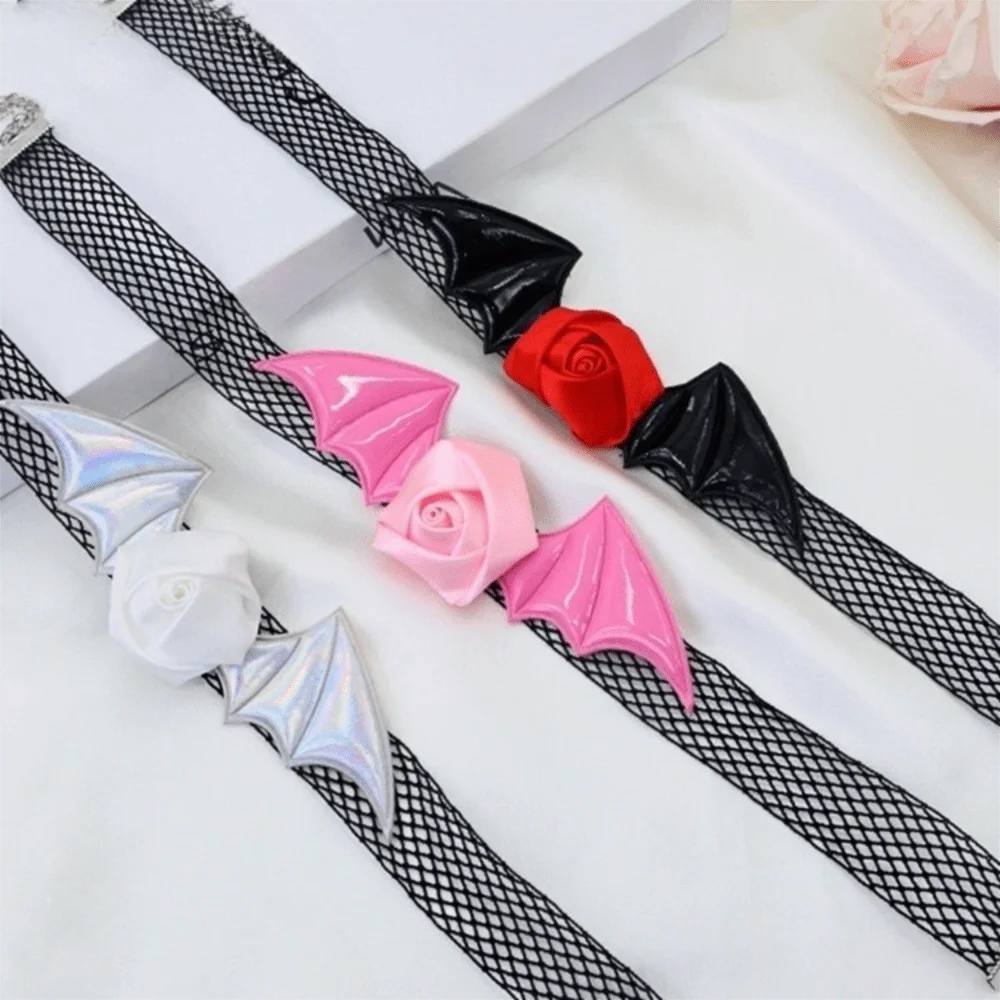 Divertente fiore ali di pipistrello fascia per capelli maglia di pizzo fascia per capelli set di collana in pelle PU gotico regalo per capelli di Halloween