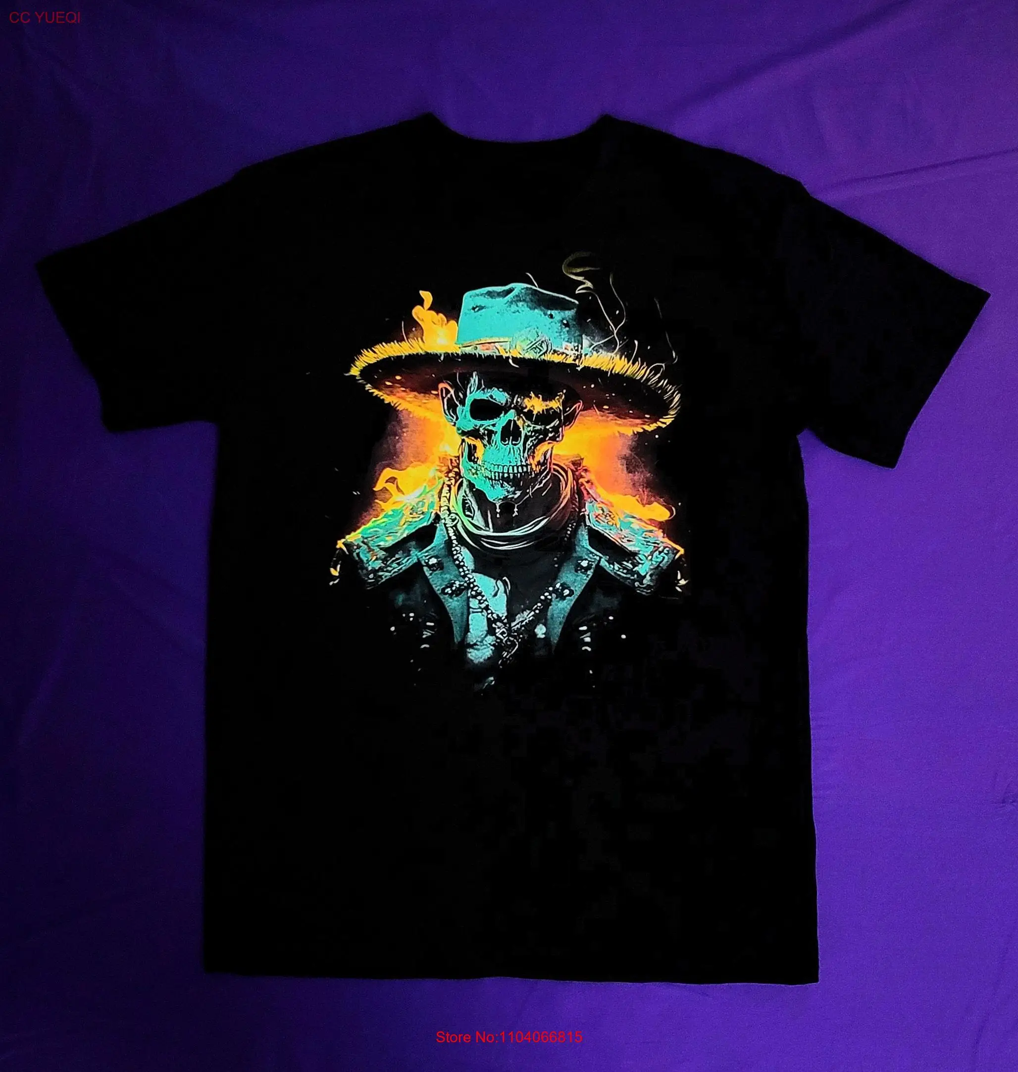 Glow rious Skeleton Exclusive เสื้อยืดสีเข้มไม่ซ้ําใครพร้อมแสง UV พราวพิมพ์ลายแขนยาวหรือแขนสั้น