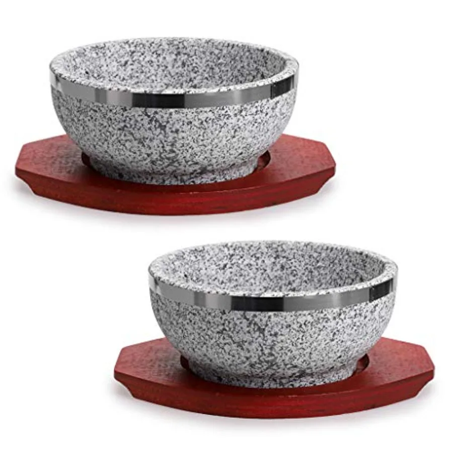 

2 Pcs Dolsot Bibimbap Bowl 32 Oz, Granite Stone Bowl with Wood Base, Dolsot Pot for Korean Soup, Rice and Stew