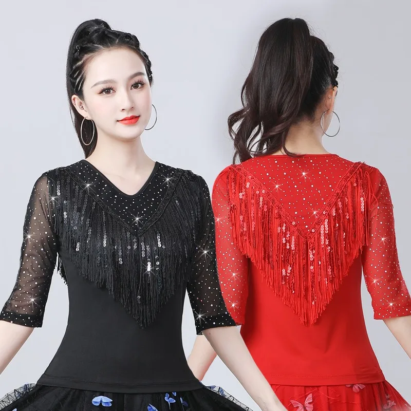 تخصيص منتصف كم الرقص الأعلى أزياء الإناث ليانغ فيلم الرقص اللاتينية أداء زي عرض الملابس النساء