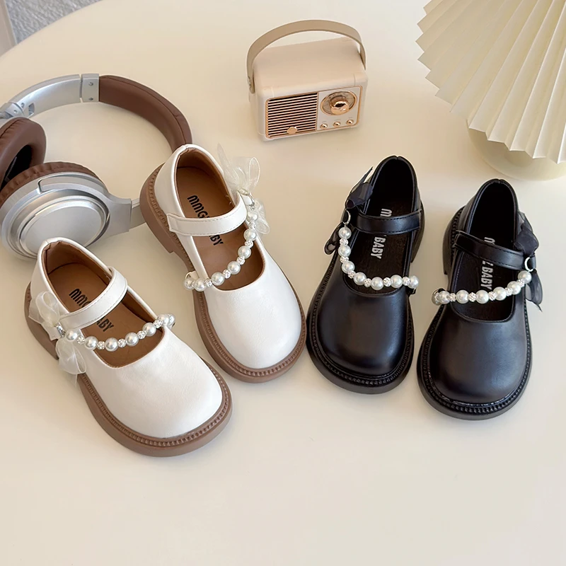 

Autumn Girl's Princess Shoes Pearl Bowknot Shallow Kid's Flat Shoe Solid Colors Pu Leather Trendy Charming Children Shoe 7-12Y
