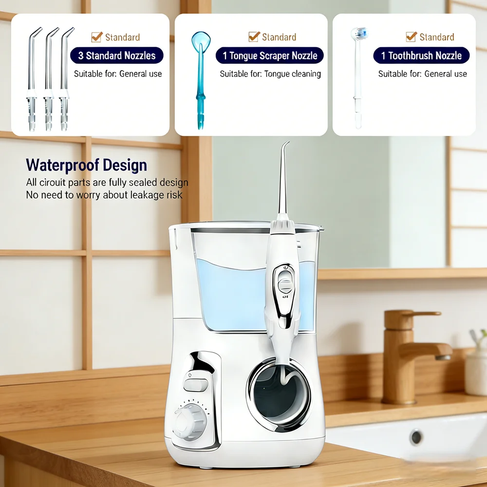 

Электрический ирригатор для чистки зубов, 10 режимов, 800 мл, настольный, с 5 сменными насадками