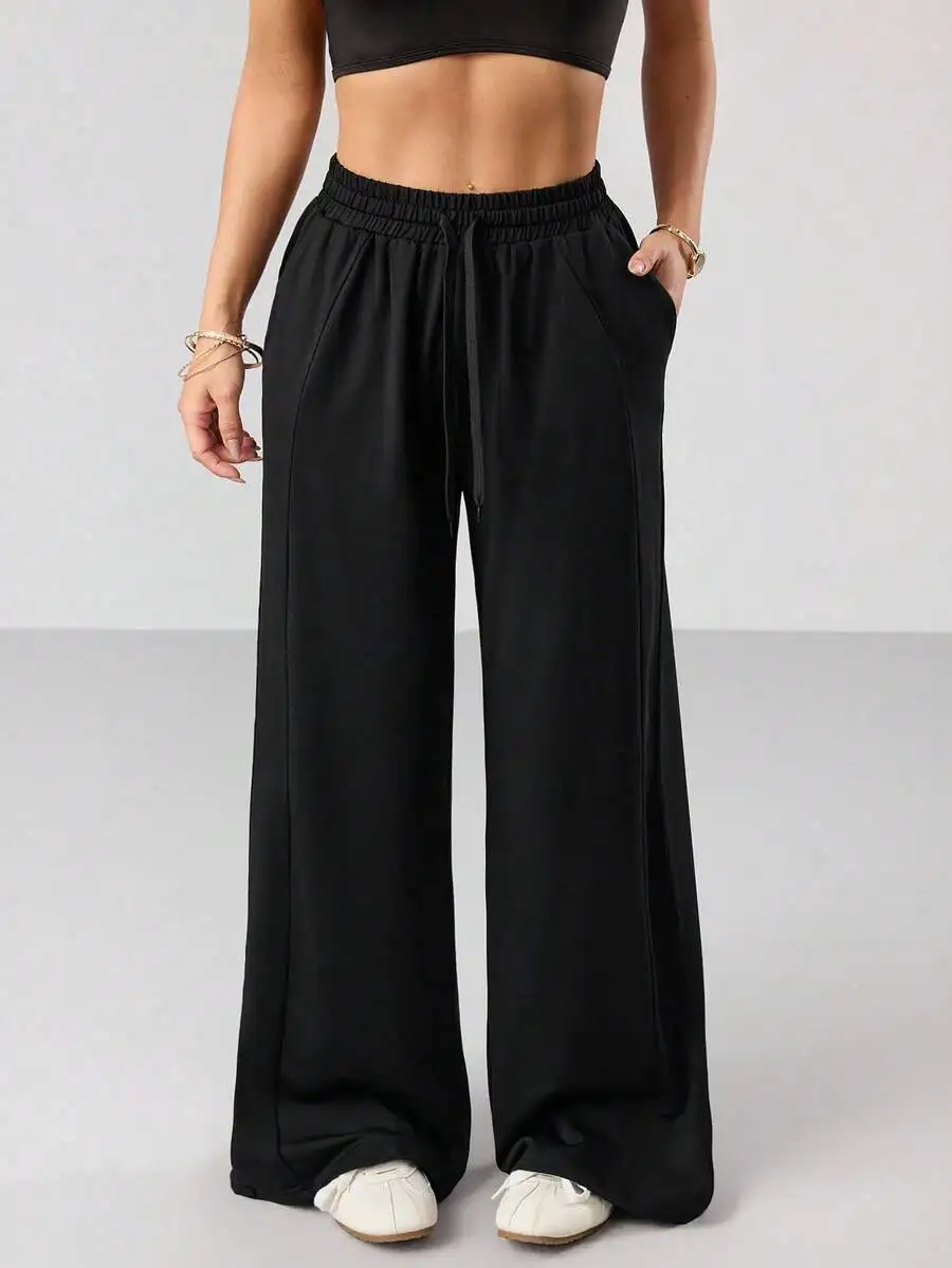 

Dewbera Women's Casual Comfortable Versatile Black Pants With Drawstring Waist And Side Pockets