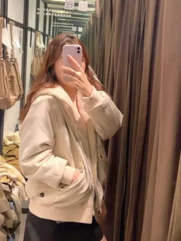 

Winter 2025 Women's Loose Double-Sided Wear Hooded Jaet Plu Outerwear Casual Sle Polyester Fiber Long Sve Zipper Clo...