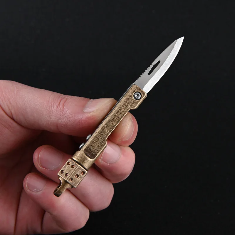 Brass Rotatable Dice Gyro Folding Knife Keychain, Mini EDC Pocket Cutter, Stress Relief Toy for Package Unboxing Outdoor Gadget