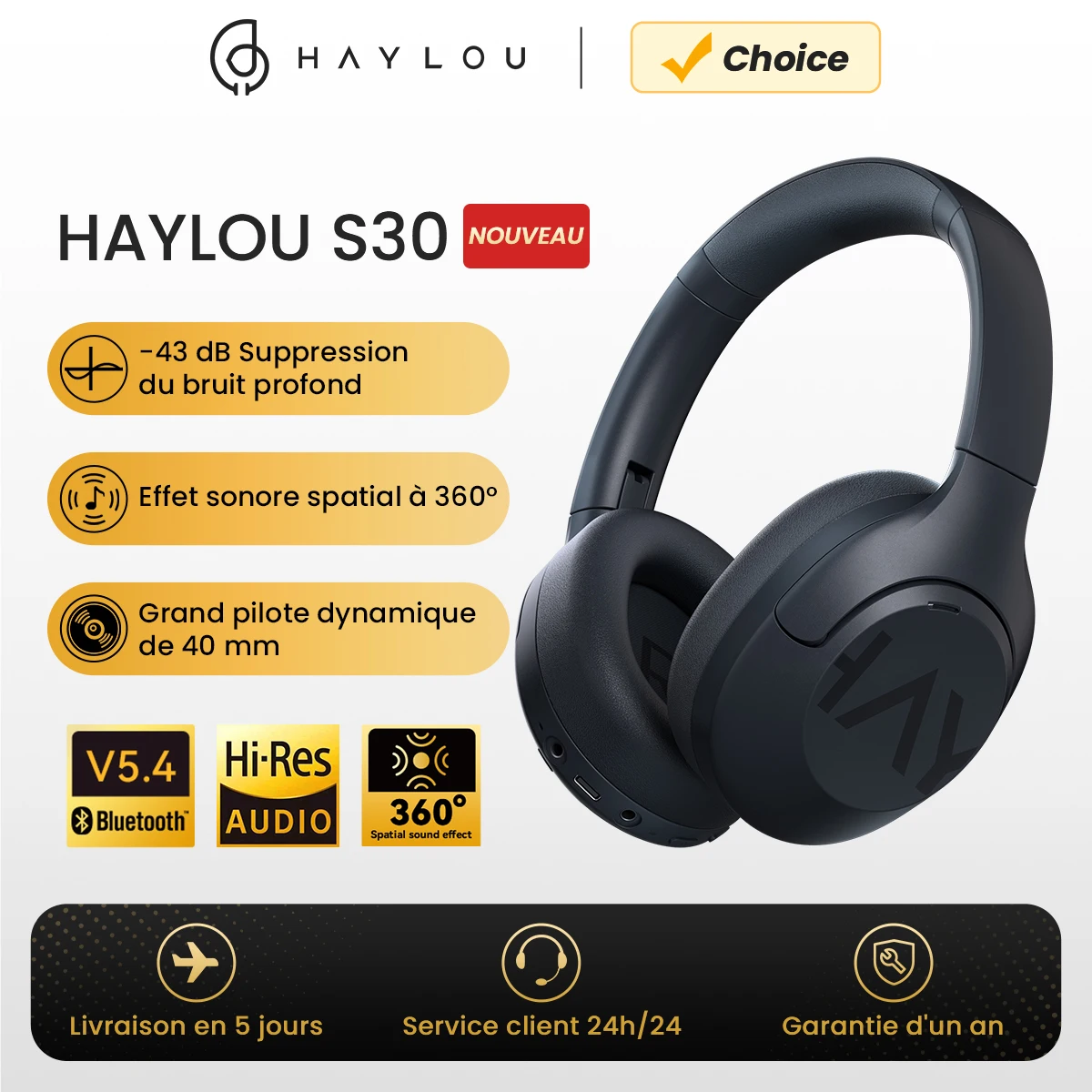 HAYLOU S30 casque sans fil Bluetooth 5.4 43dB casques antibruit adaptatifs 40mm pilote dynamique 80H écouteurs de lecture