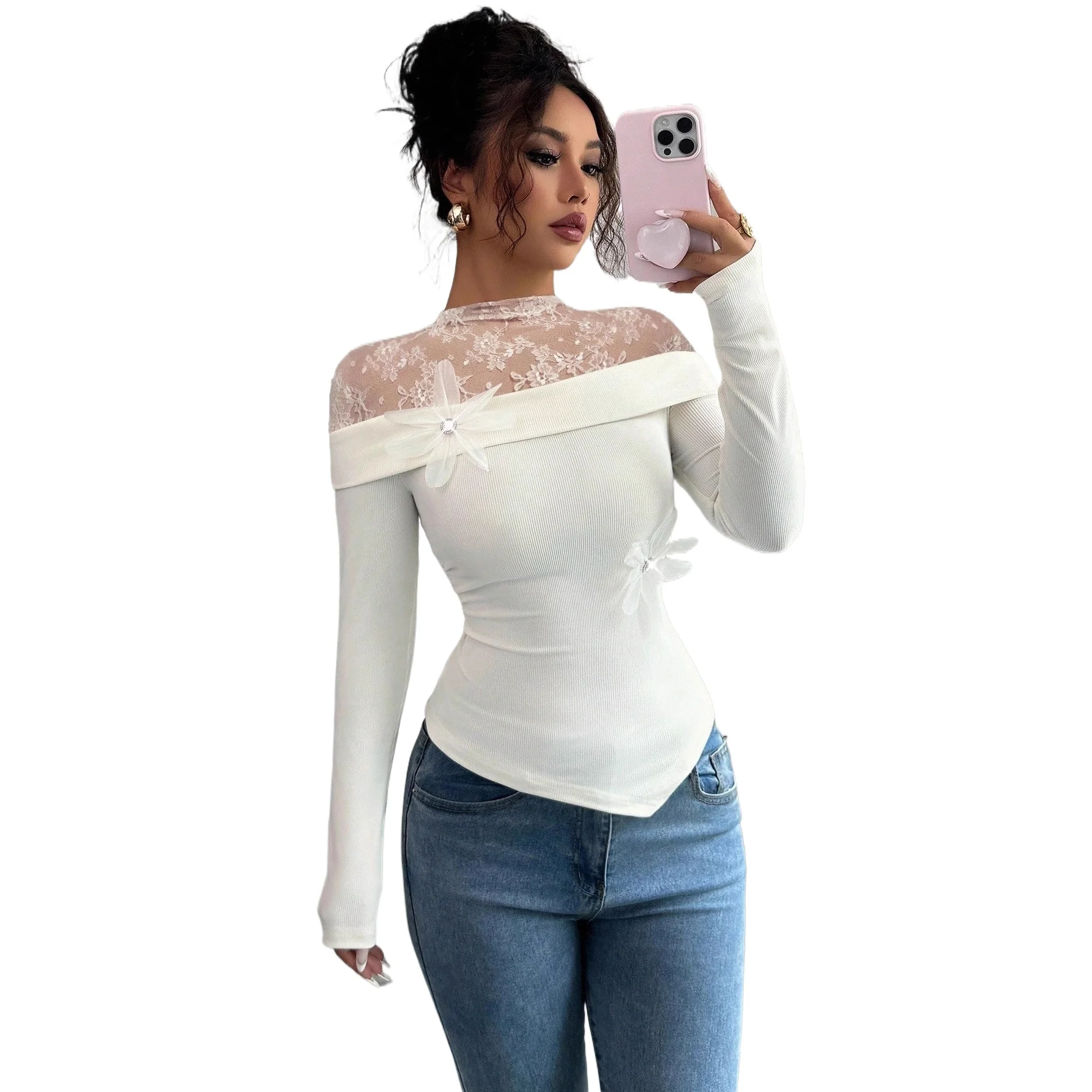 2025 New Lace Small Stand-up Collar Splicing Fashion T-shirt with Corsage Base Women Cw88933