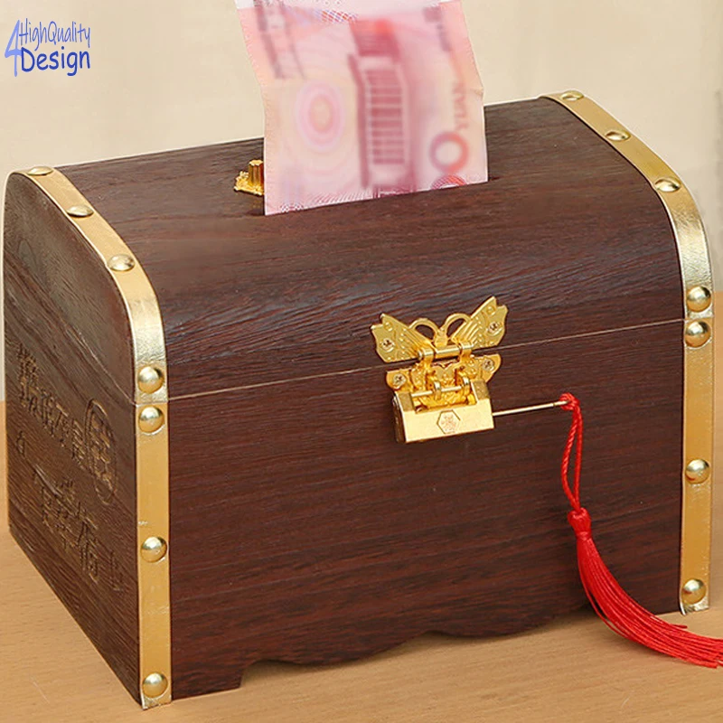 Retro Piggy Bank With Butterfly Lock, Solid Wood Treasure Chest, Adult Children Saving Coin Banknotes Travel Education Honeymoon