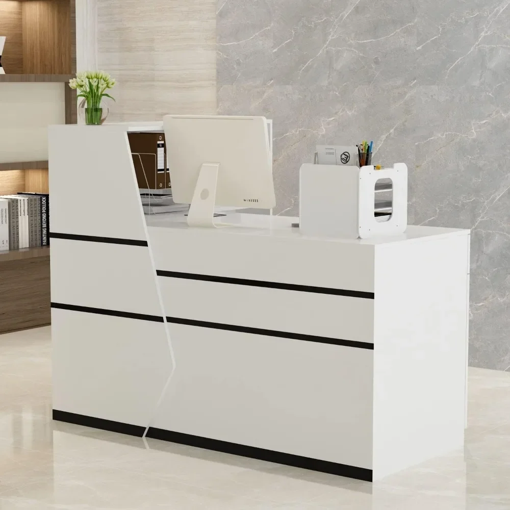 L-Shape Laminate Reception Desk Computer White Glam Modern Contemporary Urban L-Shape MDF Matte Cabinet Drawers Keyboard Tray