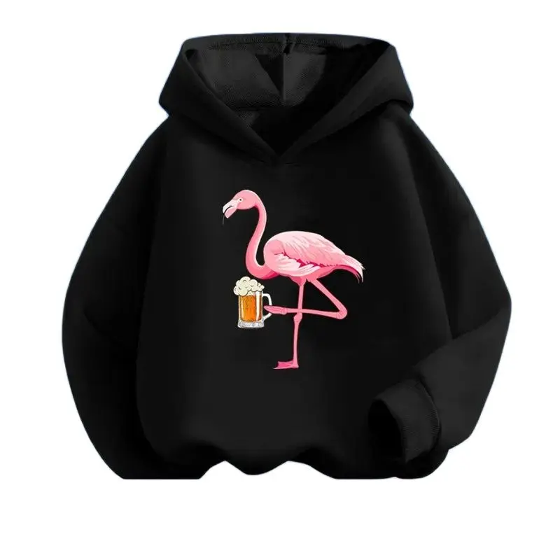 Girls Funny Graphic Hoodies Streetwear Flamingo Drinking Beer Printing Hoody Sweatshirt Tops