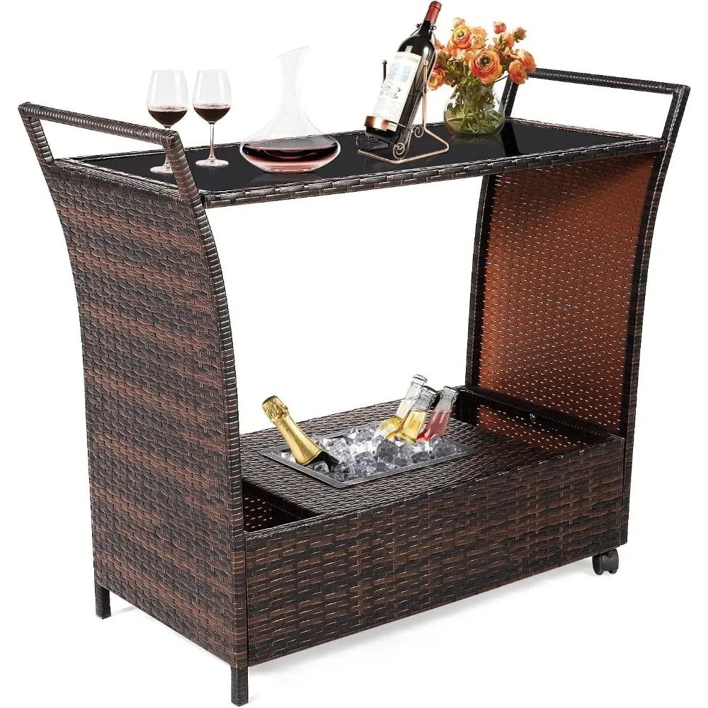 

Wicker Bar Cart with Wheel and Ice Bucket Outdoor Rolling Beverage Bar Counter Table with Glass Top Modern Rattan Wine Se