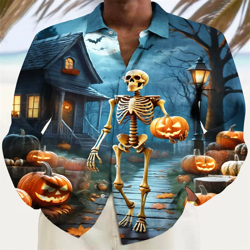 

2026 Halloween Pumpkin Holiday Art Print Men's Button Pocket Long Sleeve Shirt Casual Party Gift Skull Spider Print