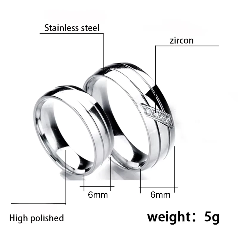 Letdiffery Simple Shining CZ Stones Wedding Rings 6mm Never Fade Stainless Steel Couple Rings Women Men Lover Jewelry