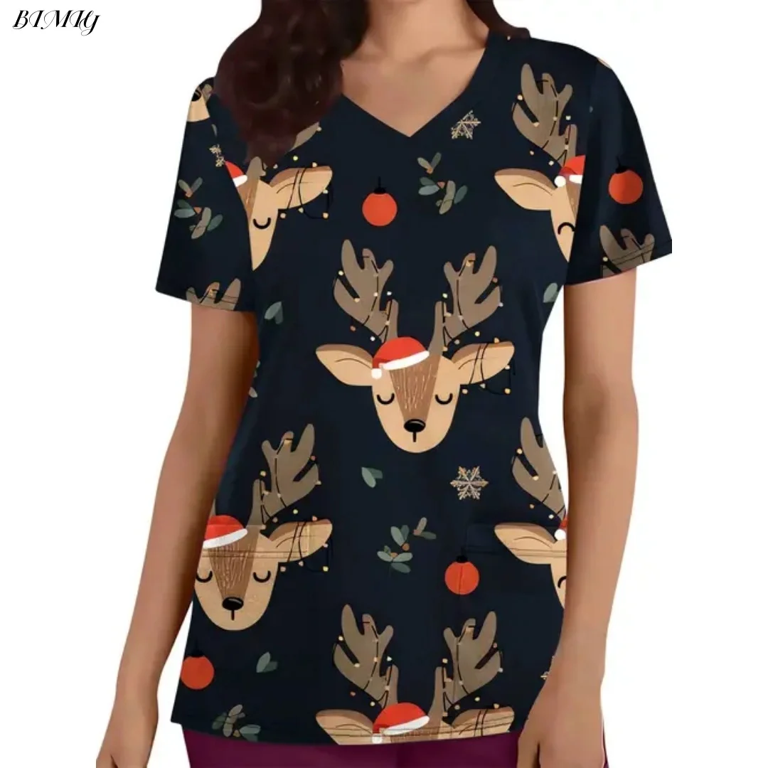 Uniforme d'infirmière de noël pour femmes, T-Shirt à manches courtes, imprimé père noël, flocons de neige, pain d'épices, col en v, poches supérieures, cadeau d'infirmière