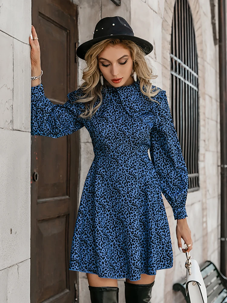 

Ruffled peter pan collar lantern sleeves leopard A-line women dress Holiday high waist mini dresses Female blue vestidos