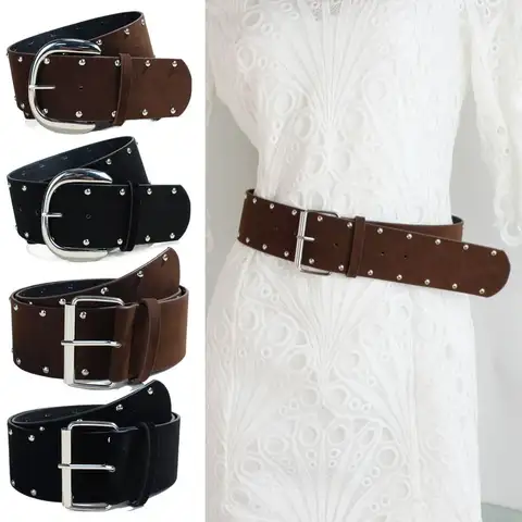 Retro Pin Buckle Suede Leather Belt Luxury Design Versatile Rivet Wide Waistband Women Maillard Waist Belt Coat Skirt Decoration