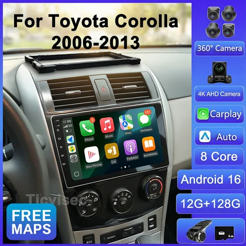 Android 16 Car Radio 4G+WIFI for Toyota Corolla E140/150 2007 2008 2009 2010 2011 2012 2013 Multimedia Player 2 Din DVD Speakers