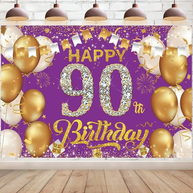 90th Happy Birthday Backdrop Purple Gold Photography Background Banner for Men Women 90 Years Old Party Supplies Decoration