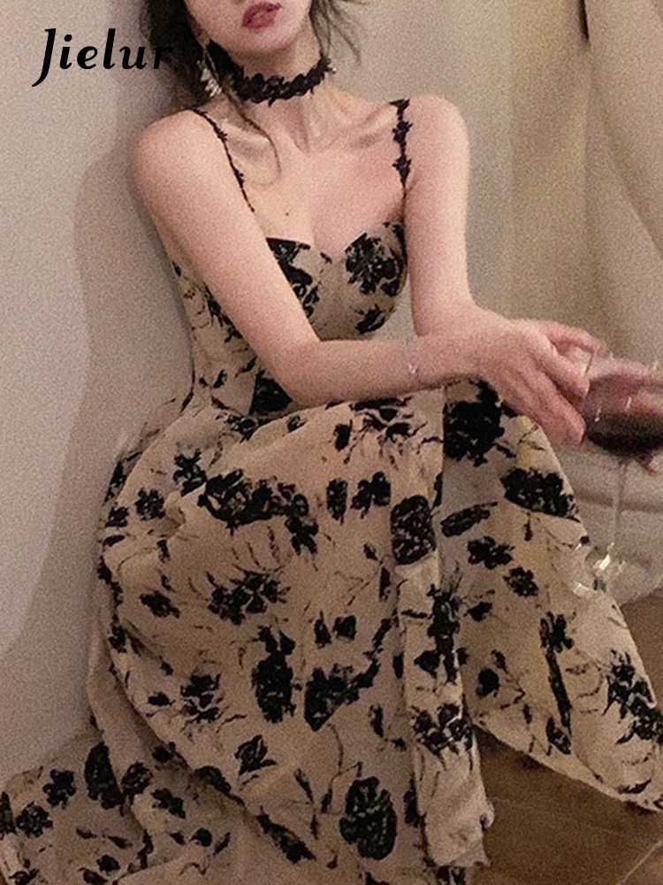 Jielur Sommer Floral Strap Midi Kleid Frauen Ärmellose Elegante Vintage Kleid Abend Party Einteiliges Kleid Koreanische Mode