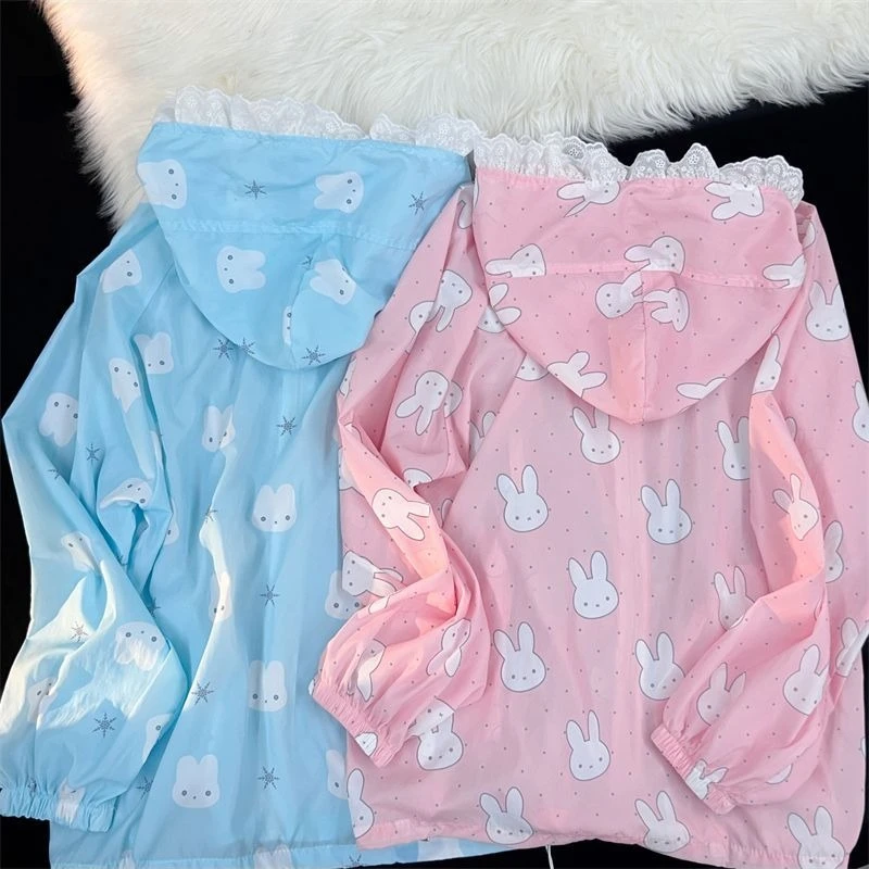 Sweet Kawaii Japanese Style Cartoon Bunny Print Women Hooded Sun Protection Jacket Lace Trim Hood Loose Fit UV Proof Summer Casu