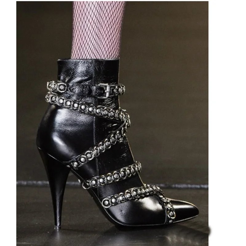 Black Chain Decor Pointed Toe Boots Zipper Thin High Heel Fashionable Sexy Novel Style Summer 2023 Woman Shoes Zapatillas Mujer