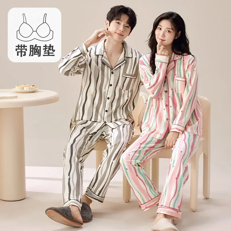 New Autumn lovers pajamas Korean Simple Young girls nightwear with Bra Pad pijamas mujer sleepwear men 3XL pyjamas for couples