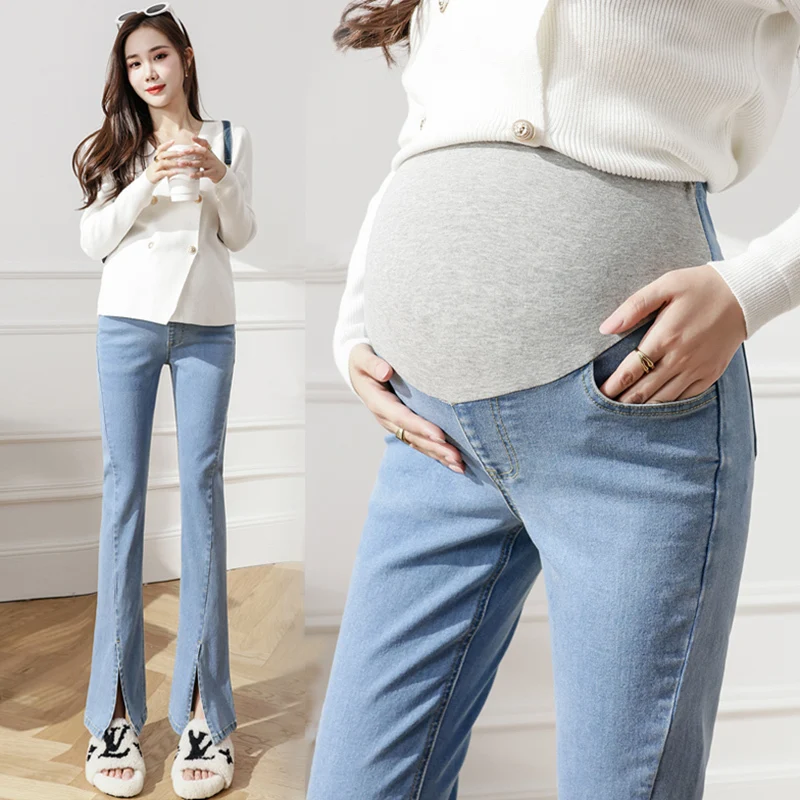 909# Summer Stretch Denim Maternity Pencil Jeans Slim Splits Leg Elastic Waist Belly Pants Clothes for Pregnant Women Pregnancy