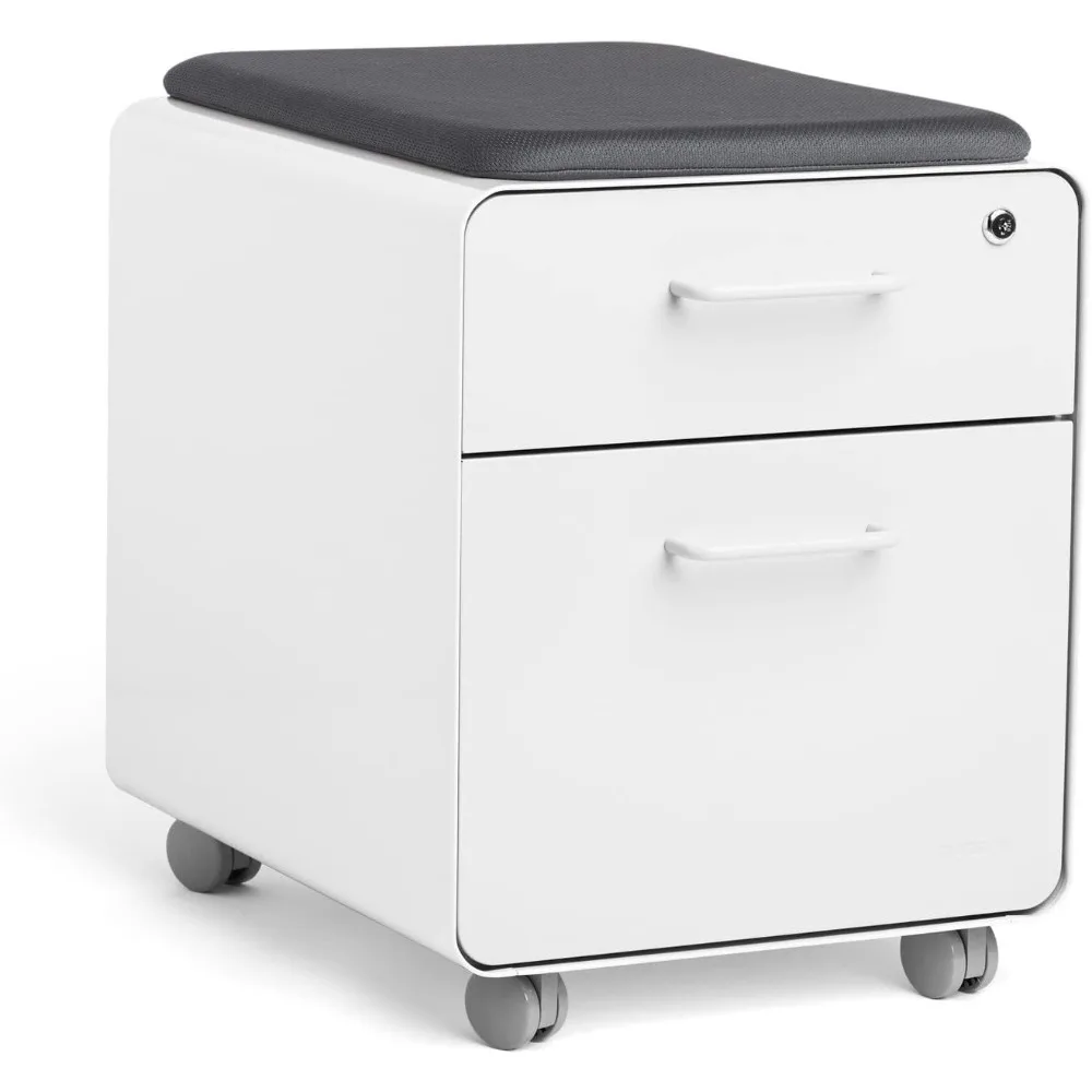 

Мобильный мини-шкаф для документов на колесиках — белый с темно-серой подушкой сиденья. Две запирающиеся ящики и один замок с ключом. Два К