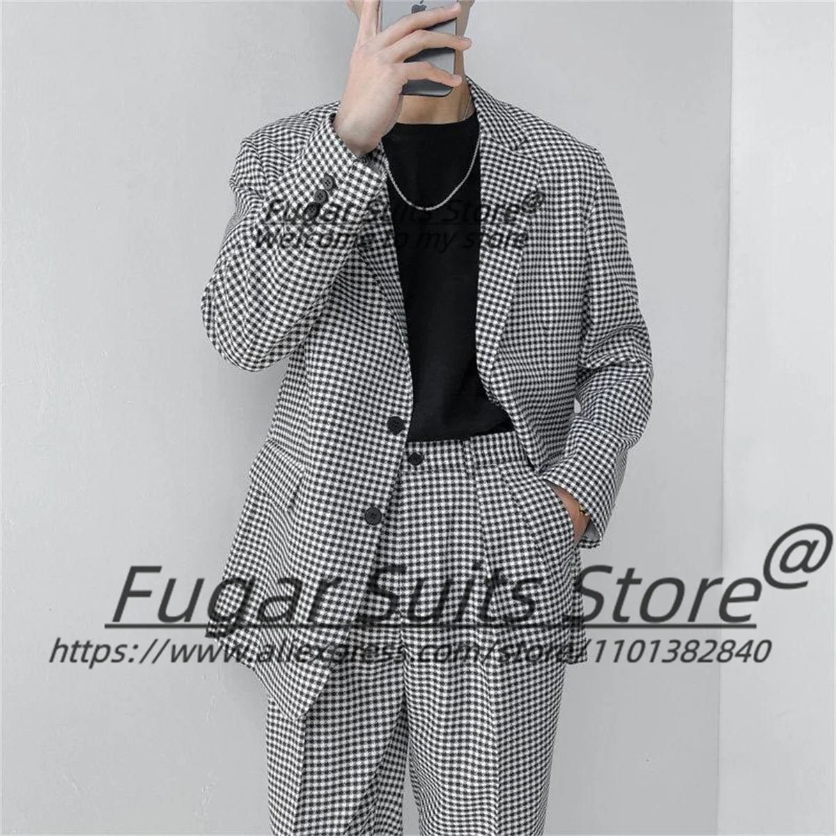 Elegant Houndstooth Luxuly Men Suits Slim Fit Notched Lapel Groom Prom Tuxedos 2 Pieces Sets Classic Male Blazers Costume Homme