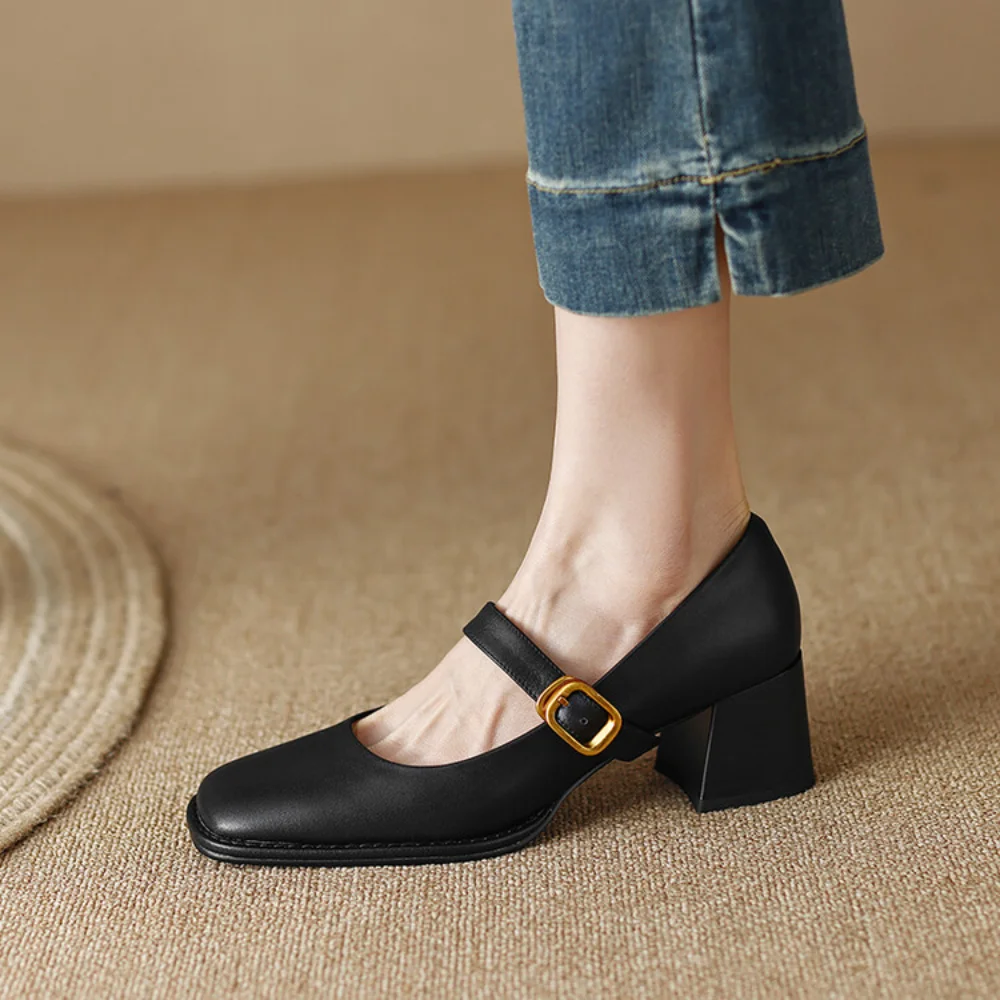 2024 New Cow Leather Women Dress Shoes Chunky Heel Retro Mary Janes Shoes Shallow Round Toe Pumps Ankle Strap Ladies Office Shoe