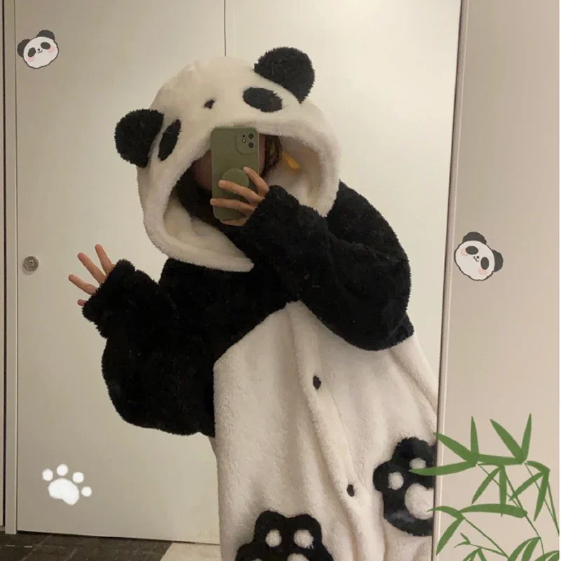 Panda pijama feminino, Onesies, Robes quentes, camisola, Kawaii Cosplay Suit, flanela Homewear, roupas femininas, pijamas, inverno