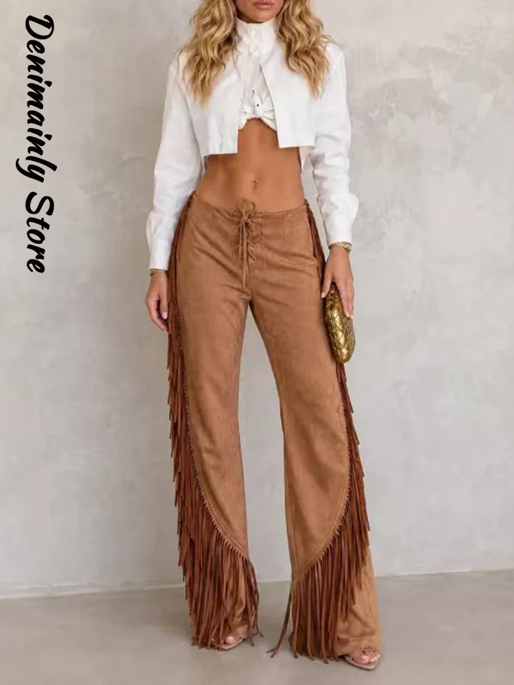 Street Women's Suede Tassels Patchwork Pant Bandage High Waist Straight Leg Female Trousers 2026 Autumn Lady All-match Pants New