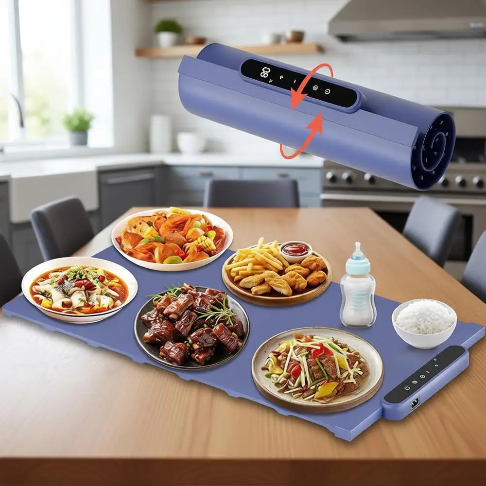 

Fast Heating Silicone Electric Warming Tray with 10 Level Temperature & Child Clock, Roll Up Buffet Hot Plates Heat Pad, Portabl