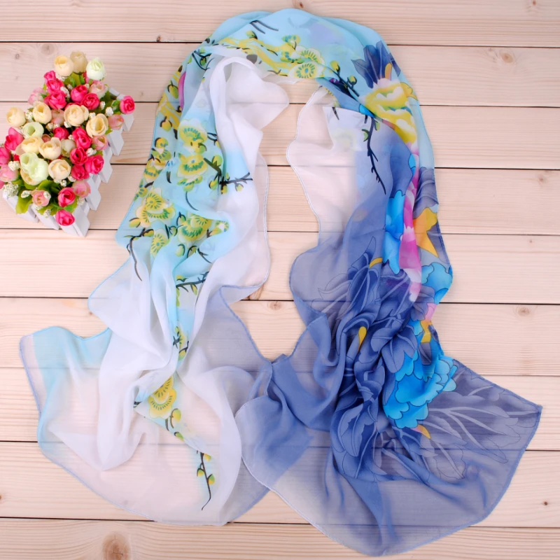 Heitou New Chiffon Shawl 160X50CM China Style Classic Scarf Two-color Scarf Peony Ladies Printed Chiffon Silk Scarf Bandana