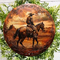Aluminum Round Wall Sign, Waterproof, Pre-drilled, HD Printing, Textured Touch, Cowboy in the Wild West, 8x8in, 1PC