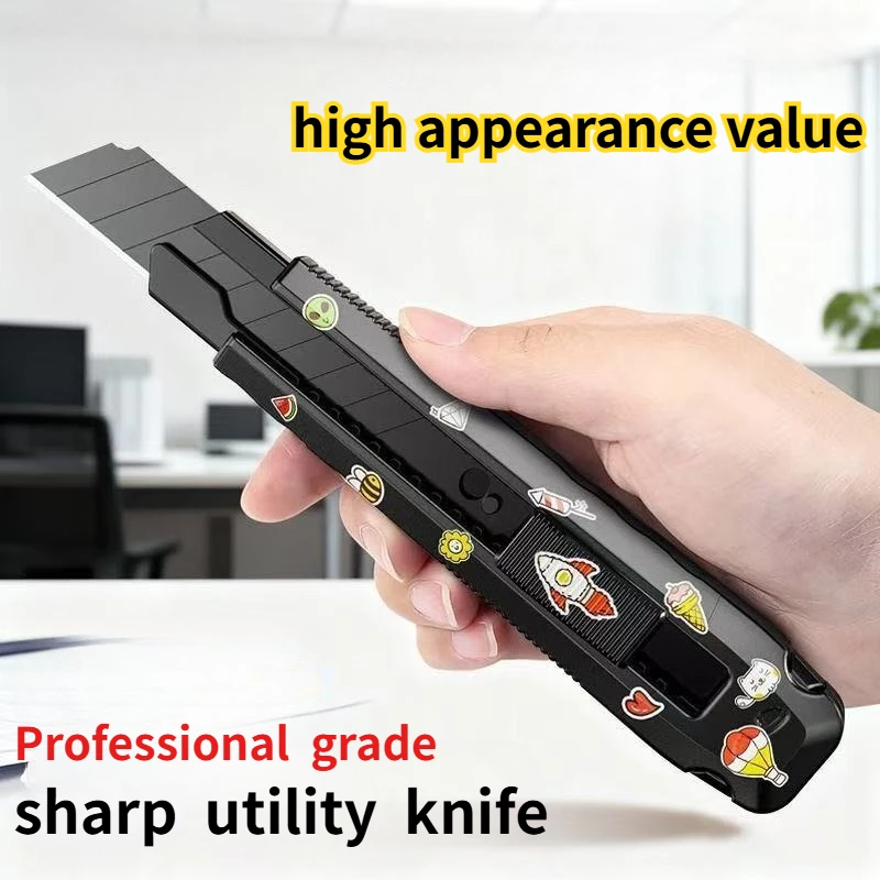 

16mm Black Utility Knife with Stickers, Retractable Snap-Off Box Cutter for Home & Office Use