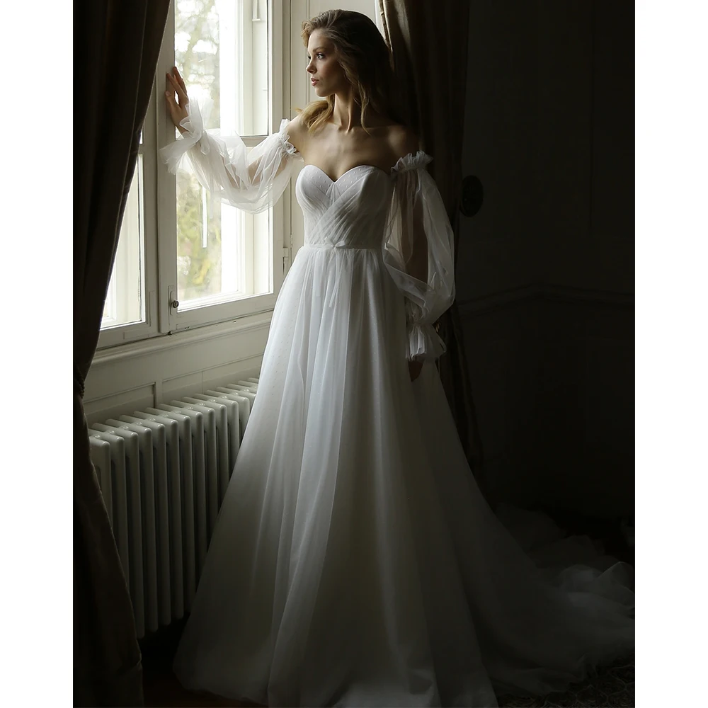 

Elegant Wedding Dresses for Women Modern Puffy Sleeves Sweetheart Wedding Gown for Bride 2025 Pleated Tulle Belt Bow Bridal Gown
