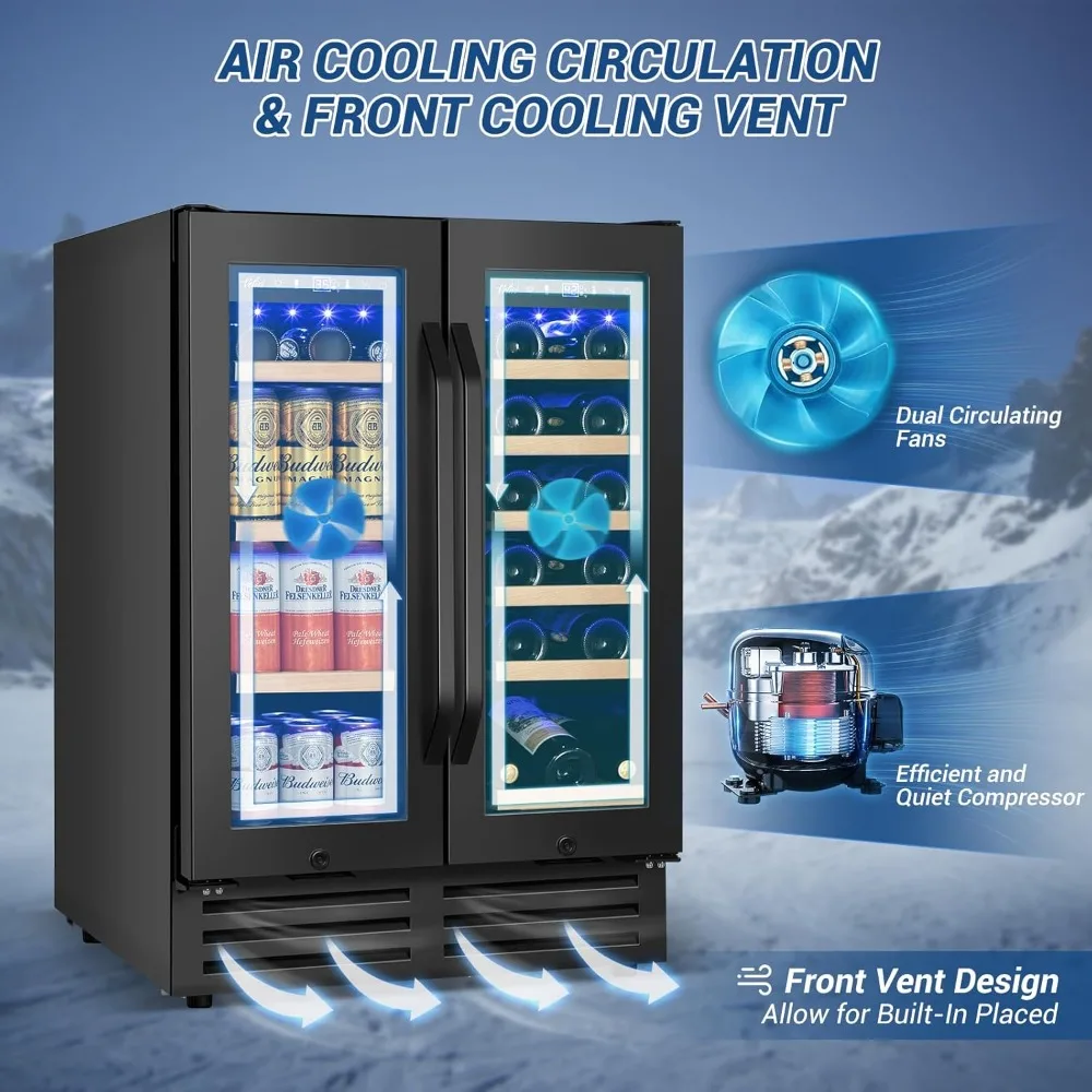 

24 Inch Black Dual Zone Wine & Beverage Refrigerator – Under-Counter Cooler with Glass Door & Lock for Versatile Drink Storage