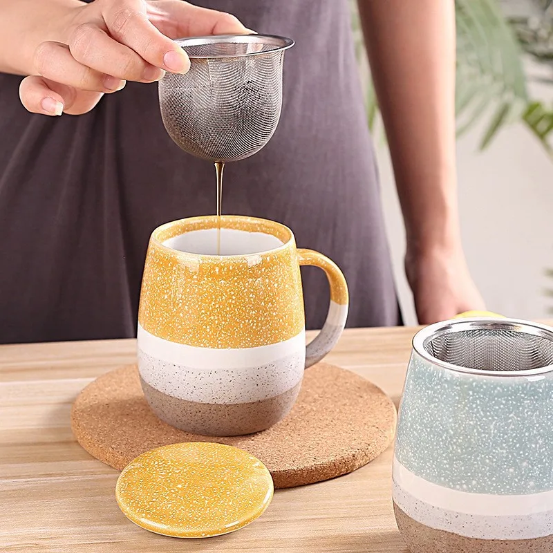 

Ceramic Coffee Mug with Lid and Stainless Steel Infuser Flower Tea Cup Portable Coffee Mug Tea Separation Cup for Office Home