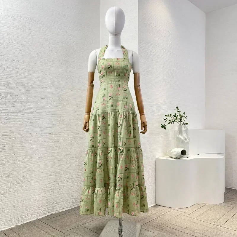 Women's High Quality Midi Dresses Linen Green Checkered Floral Elegant Sleeveless Neck 2025 for Holiday Party