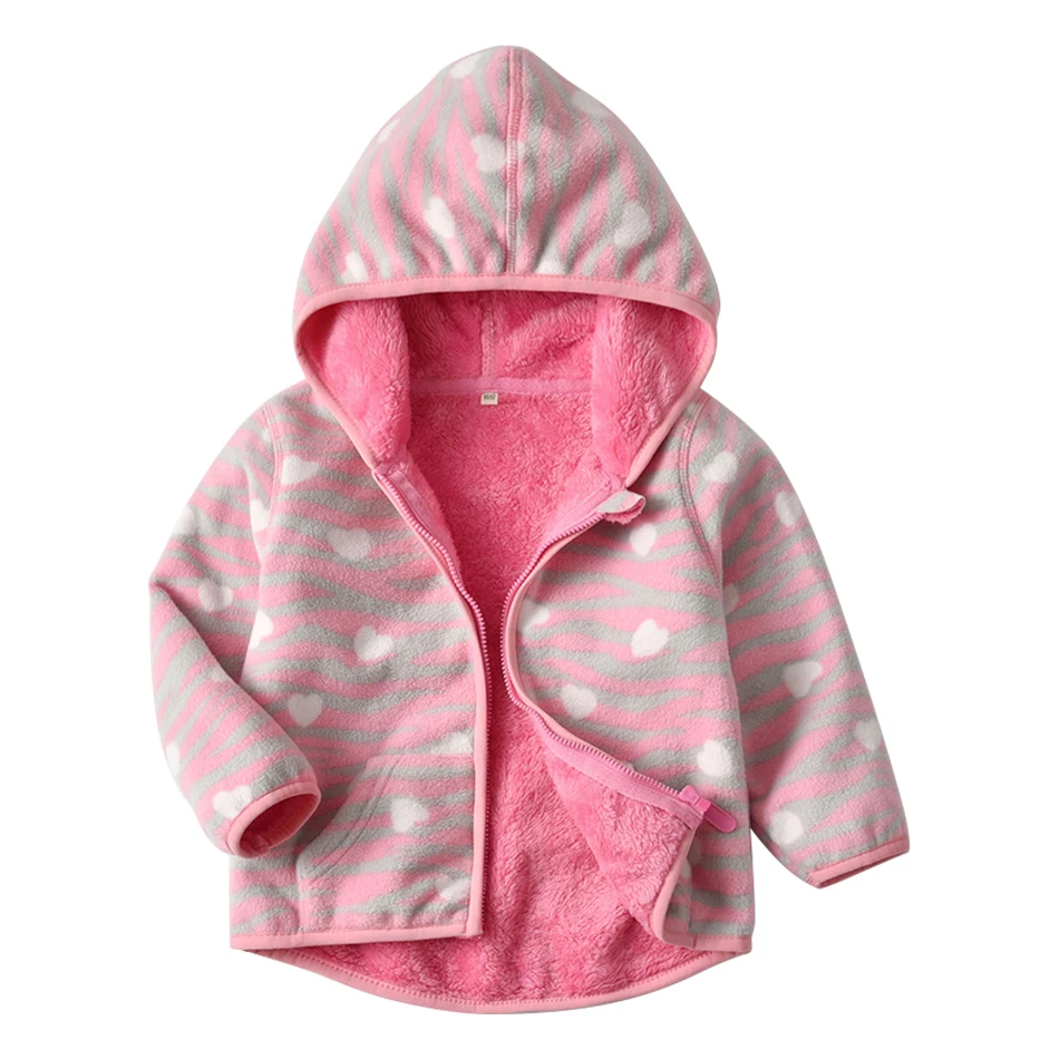 Girls Hooded Coats Autumn and Winter Cozy Plush Fleece Lined with Stylish All over Print Outerwear Suitable Outdoor Activities