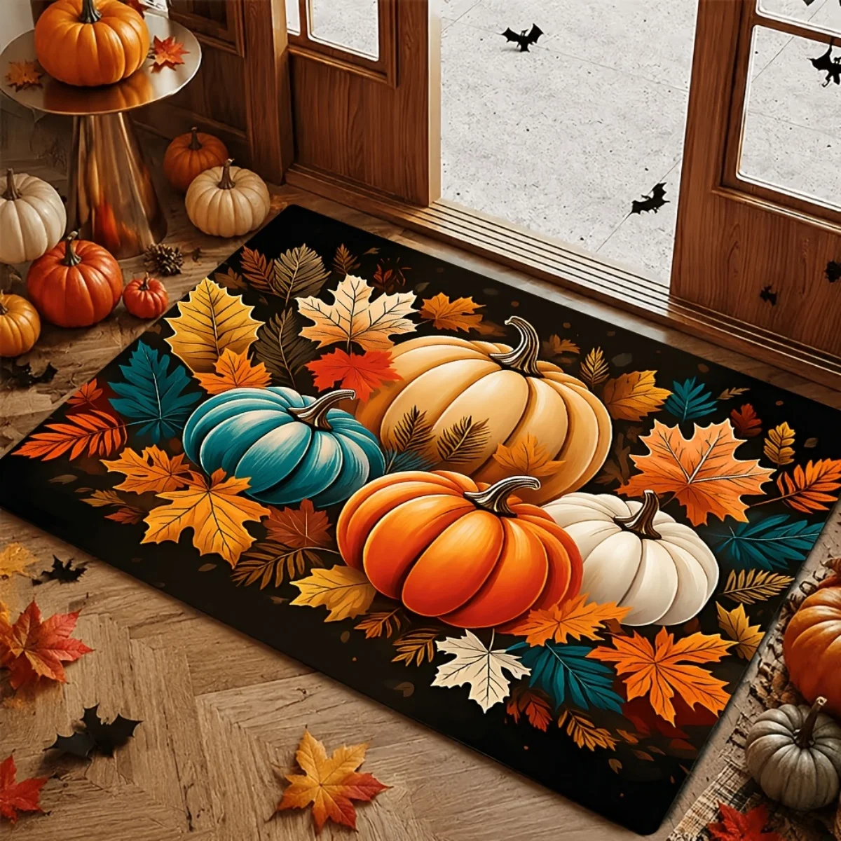 Doormat Entrance Rug Home Decor Fall Harvest Colorful Pumpkin Maple Leaf Print Floor Mat Seasonal Farmhouse Entryway Decor Rug